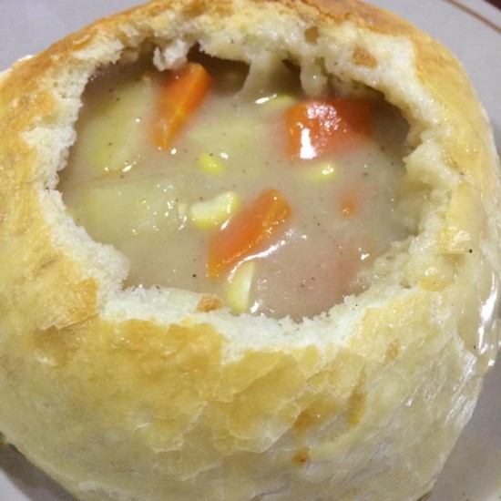 chicken and corn chowder in sour bread bowl